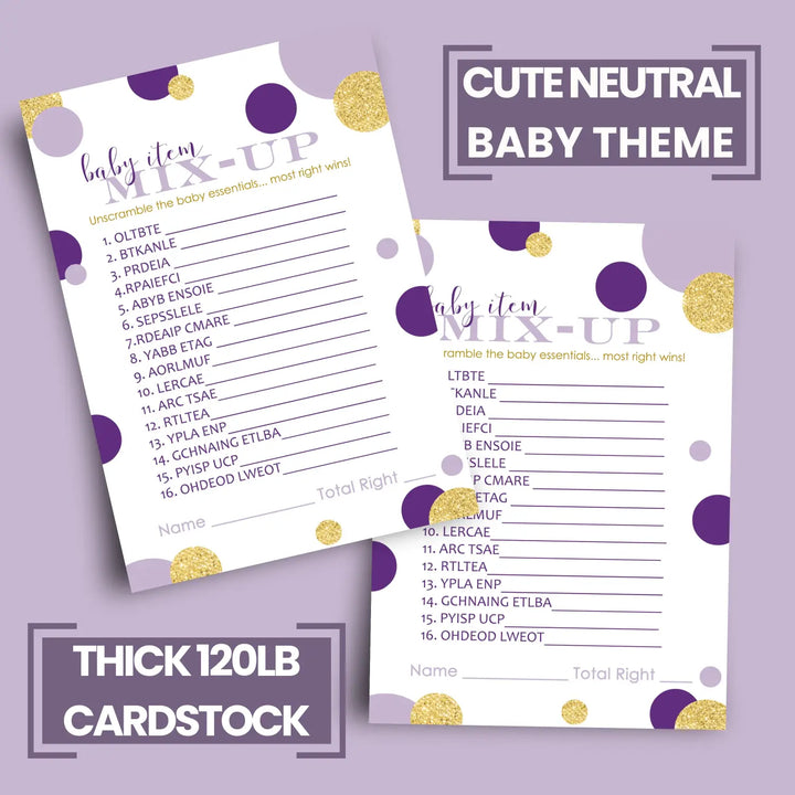 Purple and Gold Baby Shower Games for Girls - Word Scramble Gender Reveal Activities, Prince or Princess Themes, 25 Cards