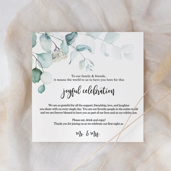 Greenery Wedding Thank You Place Cards for Reception Tables, Place Setting Favors or Decorations for Guests, 4”x4”, 50 Pack