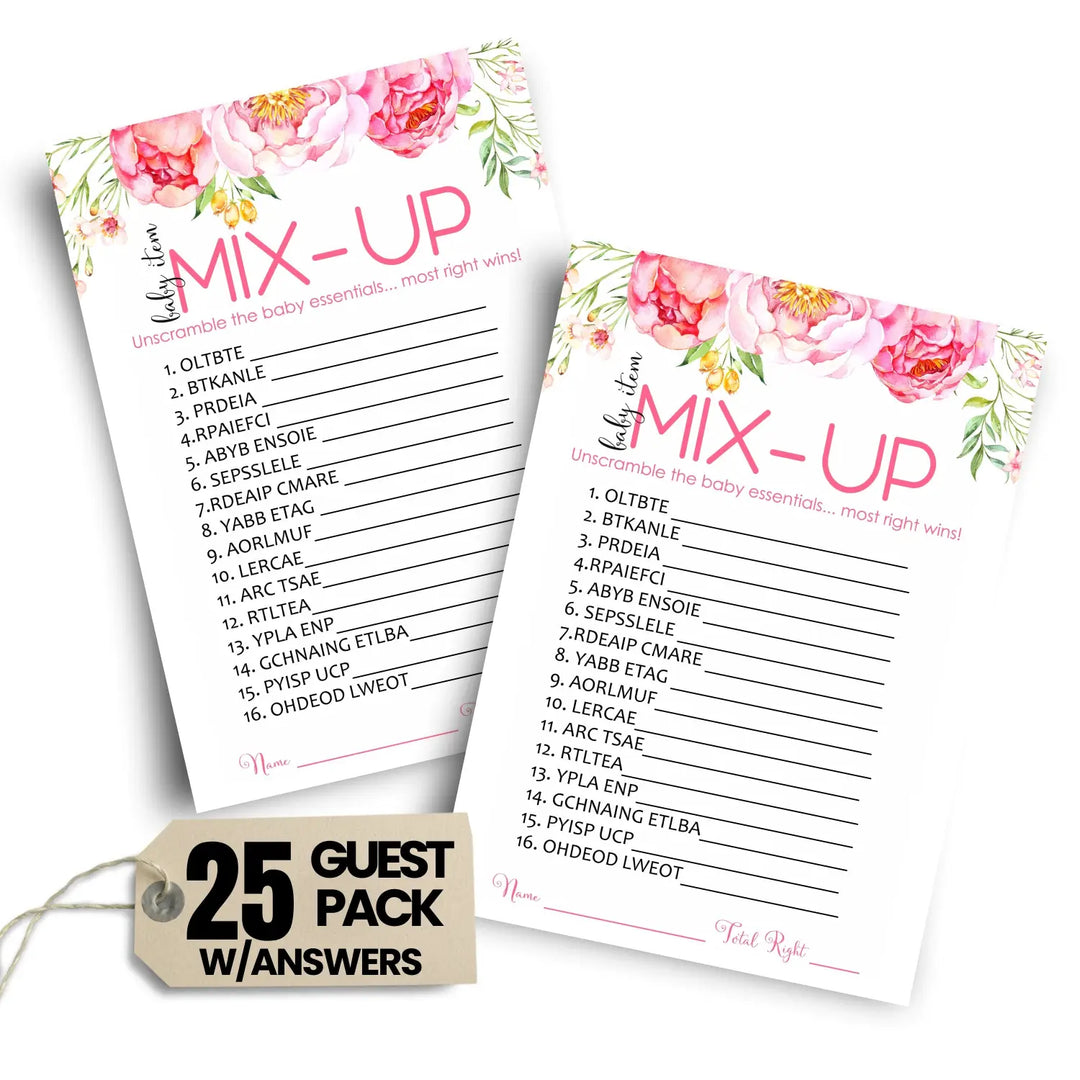Floral baby shower word scramble game - 25 pack rustic prize games cute party ideas unique pink favors