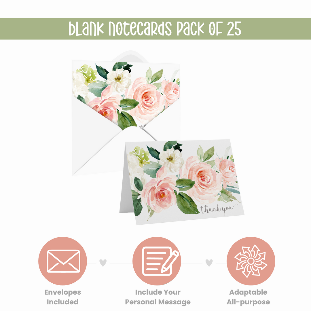 Elegant Floral Thank You Cards - Greenery Blush and Gold, 25 Notecards with Envelopes for Special Moments - Paper Clever Party