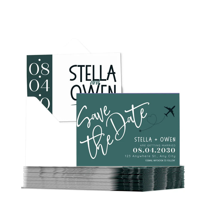 Custom teal black and creamy white save the date cards - personalized 4x6 inch invitations with elegant typography