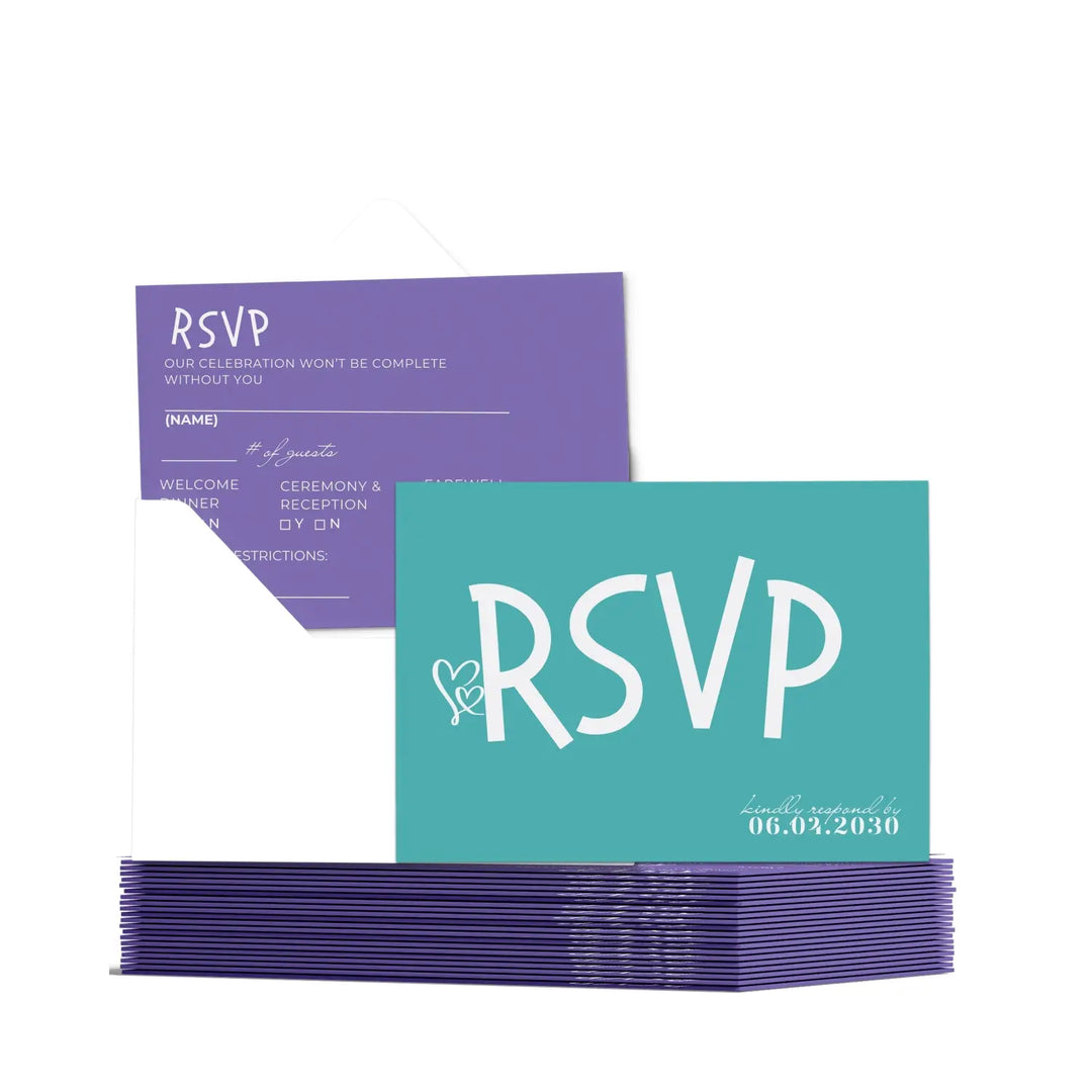 Custom Teal Blue and Purple RSVP Cards - Premium 120lb Cardstock, Elegant Calligraphy, 4x6 Inch Size, Personalized Dates & Names