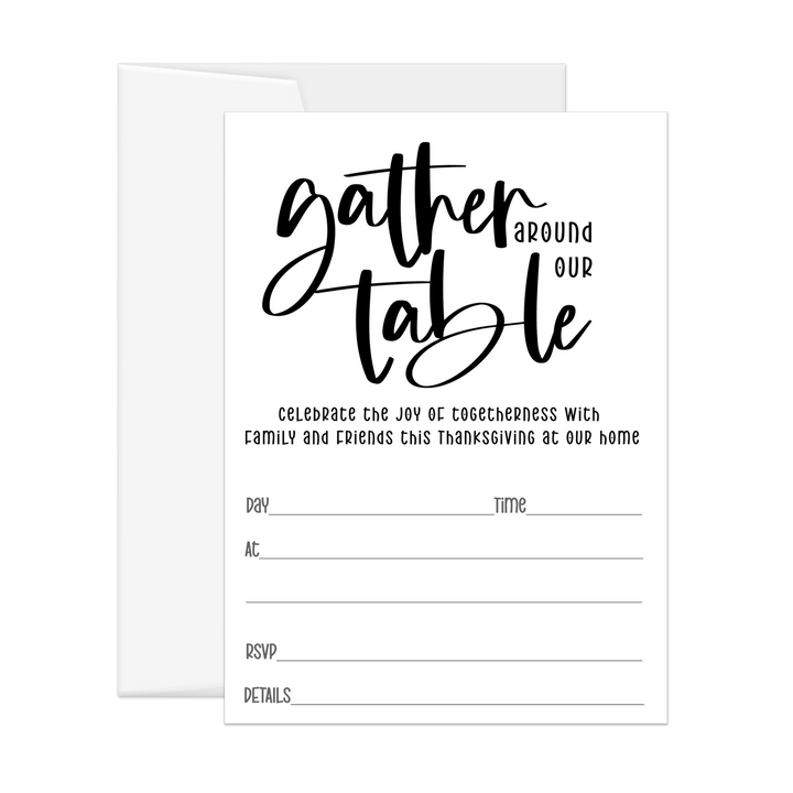 Modern Calligraphy Thanksgiving Invitations with Envelopes - 20 Pack - Gather Around Our Table Friendsgiving - Paper Clever Party