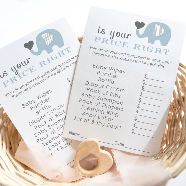 Blue Elephant Guess the Price Baby Shower Games – 25 Pack, Fun Unique Activities for Guests, Jungle Animal Themed, 4x6 Card Set