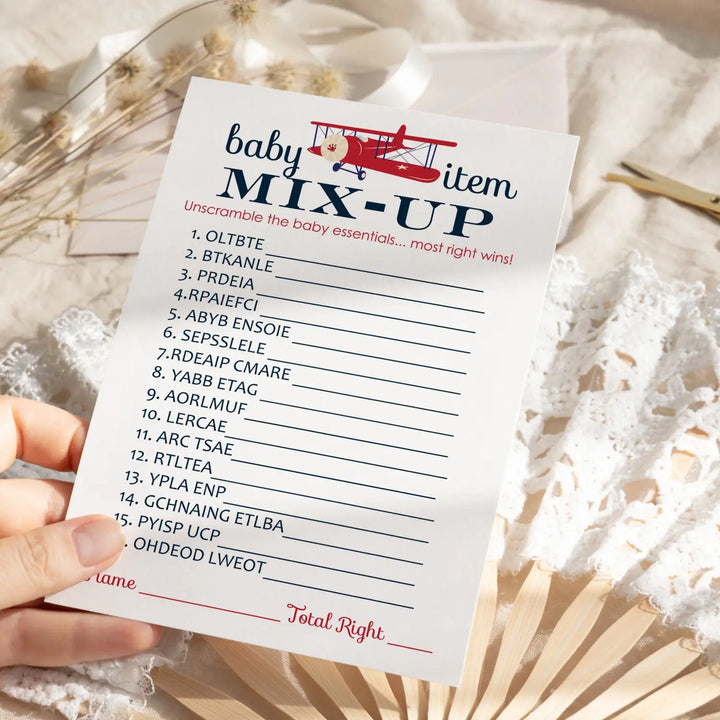 Airplane Baby Shower Games - Word Scramble for Guests, Perfect Baby Shower Favors and Decorations, 25 Cards