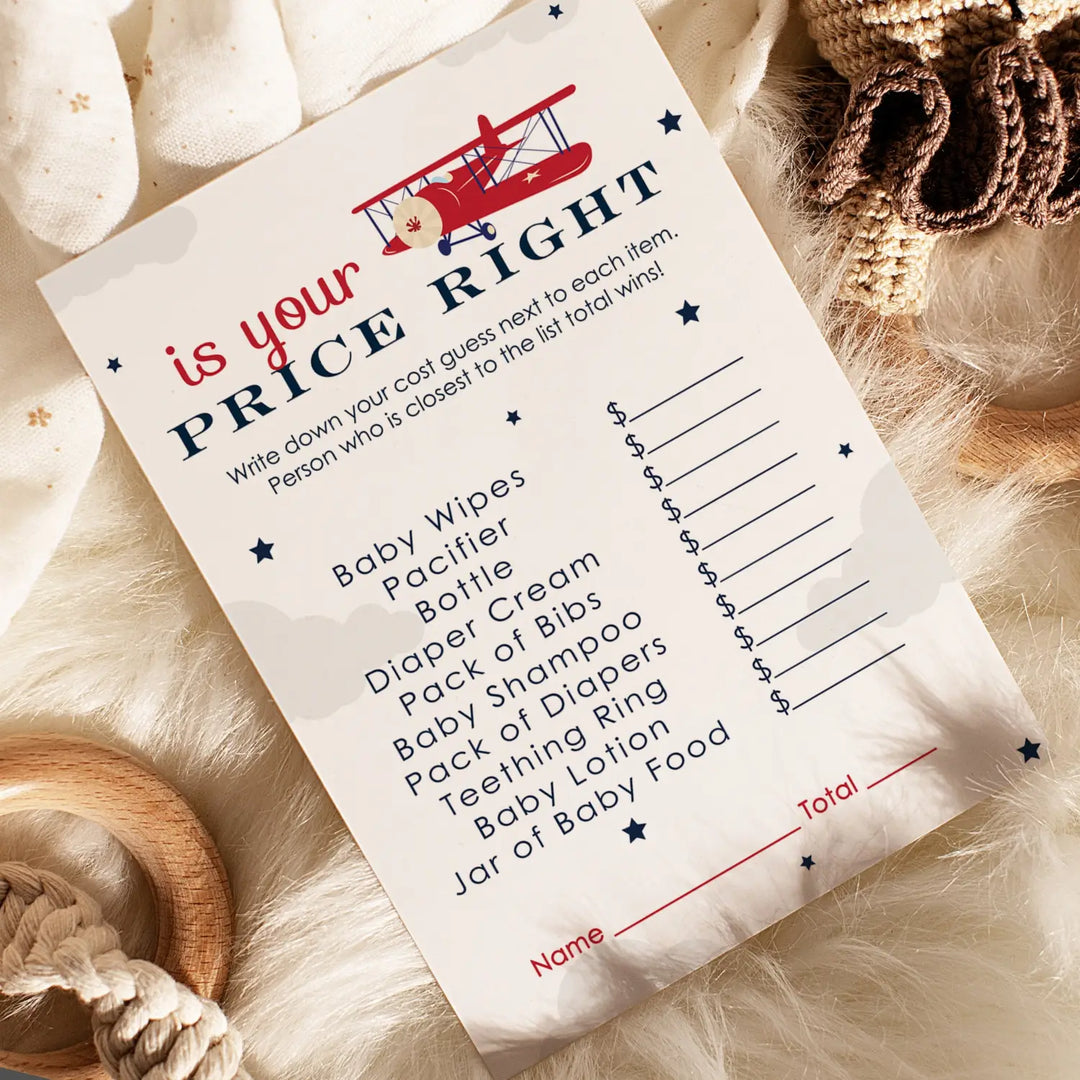 Airplane Guess the Price Baby Shower Games – 25 Guests, Adventure Themed Activities for Boys, Red and Blue 4x6 Card Set