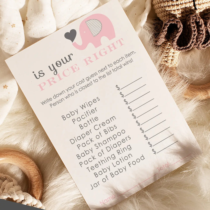 Pink Elephant Guess the Price Baby Shower Games – 25 Guests, Modern Princess Themed Activities for Girls, Jungle Animal 4x6 Card Set