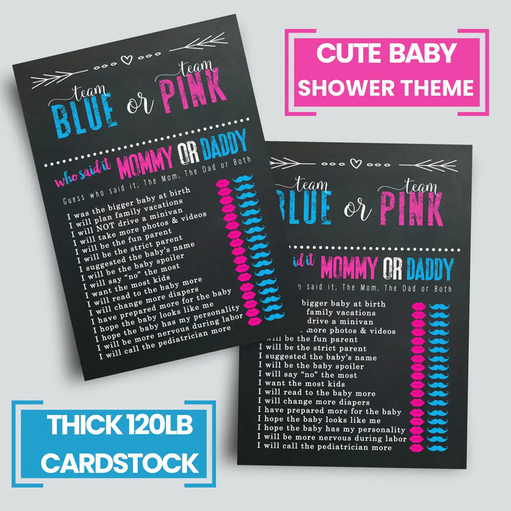 Gender Reveal Mommy or Daddy Game - 25 Pack Guess Who Activity Cards for Boys and Girls, Pink and Blue Themed, 5x7 Set