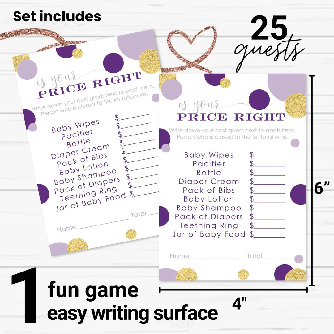 Purple and Gold Guess the Price Baby Shower Games – 25 Guests, Modern Mermaid Themed Activities for Girls, Prince or Princess 4x6 Card Set