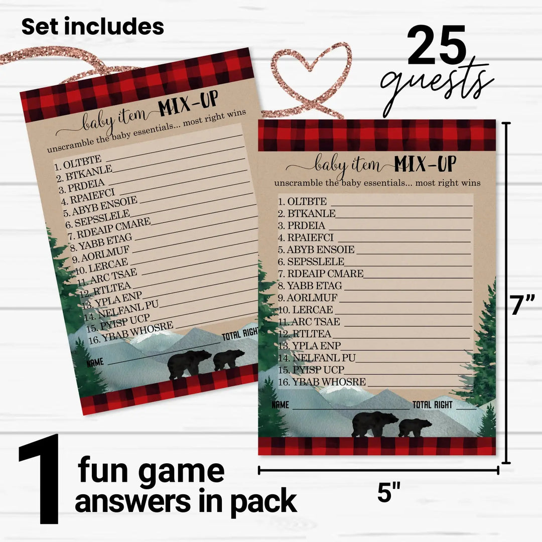 Mama Bear Baby Shower Games - 25 Word Scramble Cards, Woodland Gender Reveal Unscramble Activities for Guests