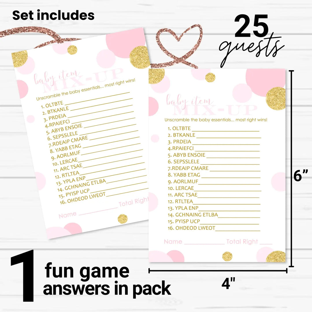 Rose Gold Baby Shower Games for Girls - 25 Cards, Fun Word Scramble Activities for Guests, Twinkle Little Star Themes