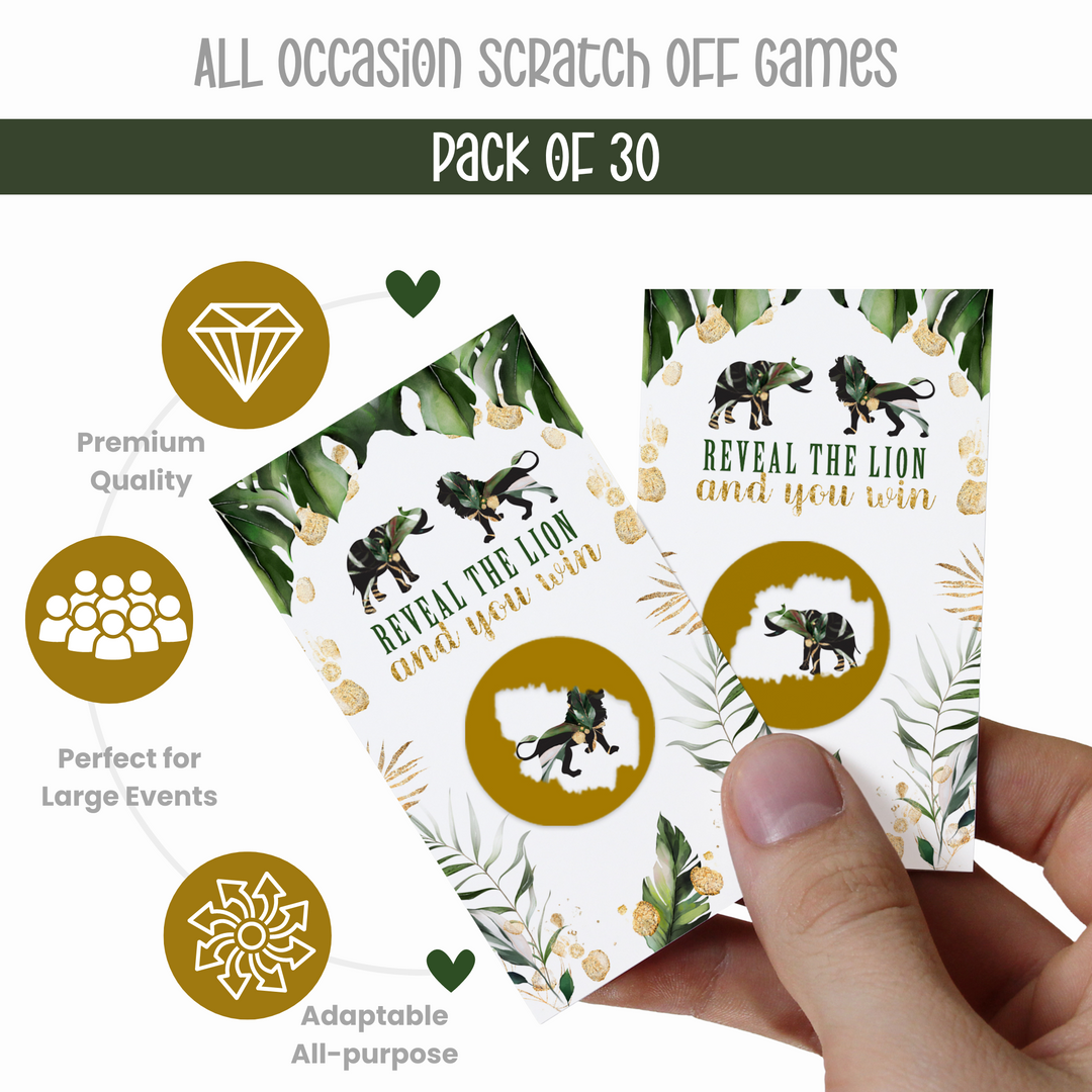 Tropical Jungle Scratch Off Game (30 Pack) - Elephant & Greenery, Gender Reveal, Royal Baby Shower Favors - Paper Clever Party