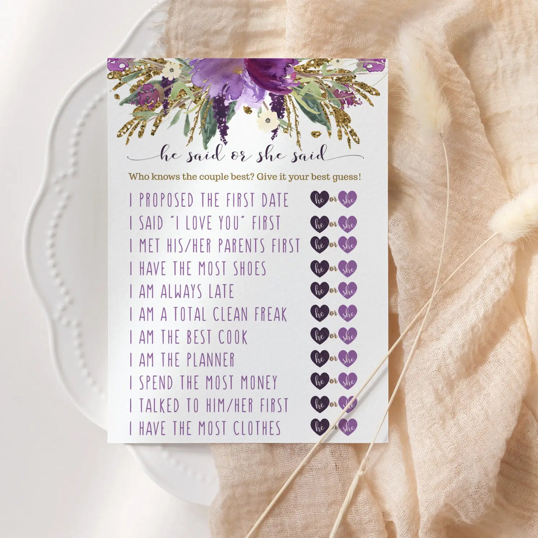 Purple Bridal Shower Games - 25 Cards - He Said or She Said Bridal Shower Game, What Did the Bride and Groom Say Guess Who Wedding Activity - Engagement, Rehearsal Dinner, Modern Floral Design