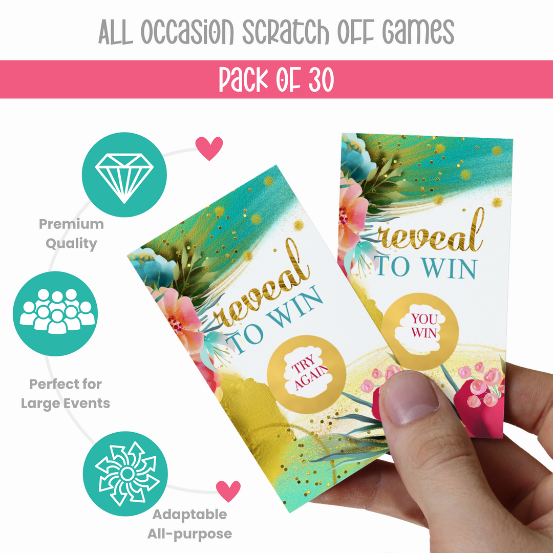 Aloha Greenery Scratch Off Game (30 Pack) - Tropical Floral, Bridal & Baby Shower, Pink & Gold Drawing Prizes - Paper Clever Party