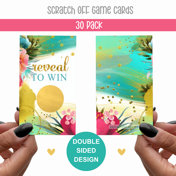 Aloha Greenery Scratch Off Game (30 Pack) - Tropical Floral, Bridal & Baby Shower, Pink & Gold Drawing Prizes - Paper Clever Party