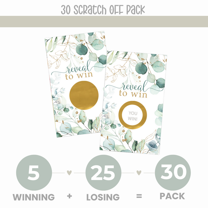 Gold & Greenery Scratch Off Game (30 Pack) - Rustic Floral, Ideal for Bridal & Baby Shower, Succulent Wedding Favors - Paper Clever Party