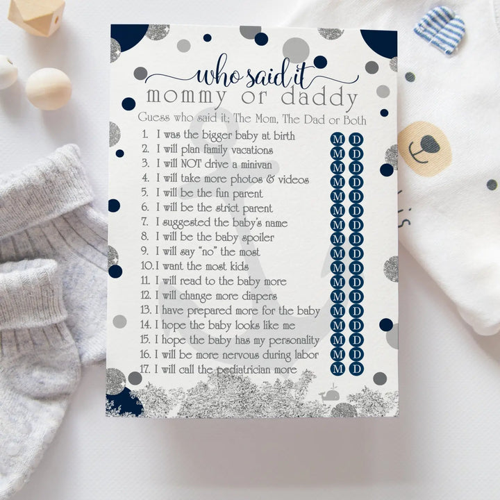 Nautical Mommy or Daddy Baby Shower Game - 25 Pack Guess Which Parent Activity Cards, Ahoy Anchor Themed Blue and Grey Favors, Printed 5x7 Set