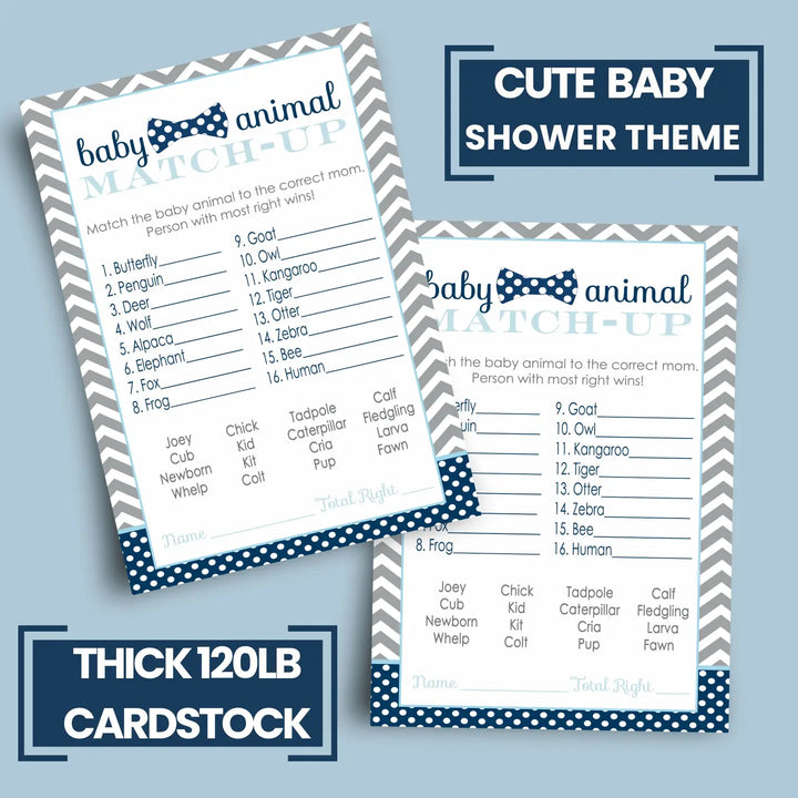 Bow Tie Baby Shower Game Cards Animal Matching (25 Pack)