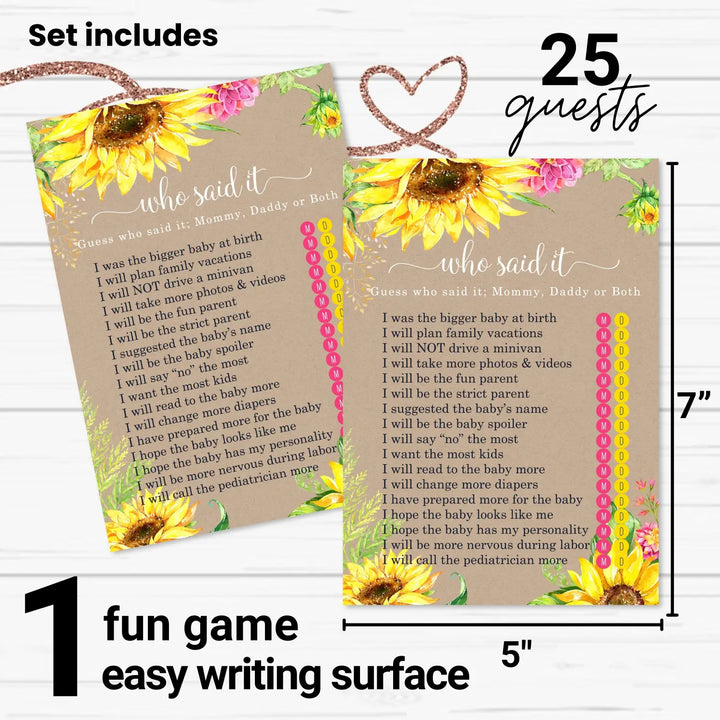 Sunflower Mommy or Daddy Baby Shower Game - 25 Pack Guess Which Parent Activity Cards, Rustic Gender Reveal Autumn Flower Themed, Printed 4x6 Set