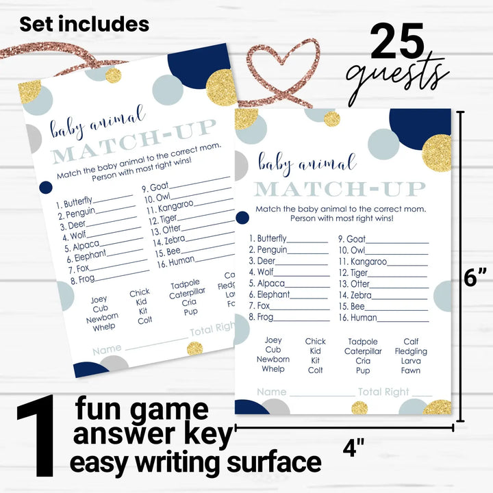 Navy and Gold Baby Shower Animal Matching Game Card (25 Pack)