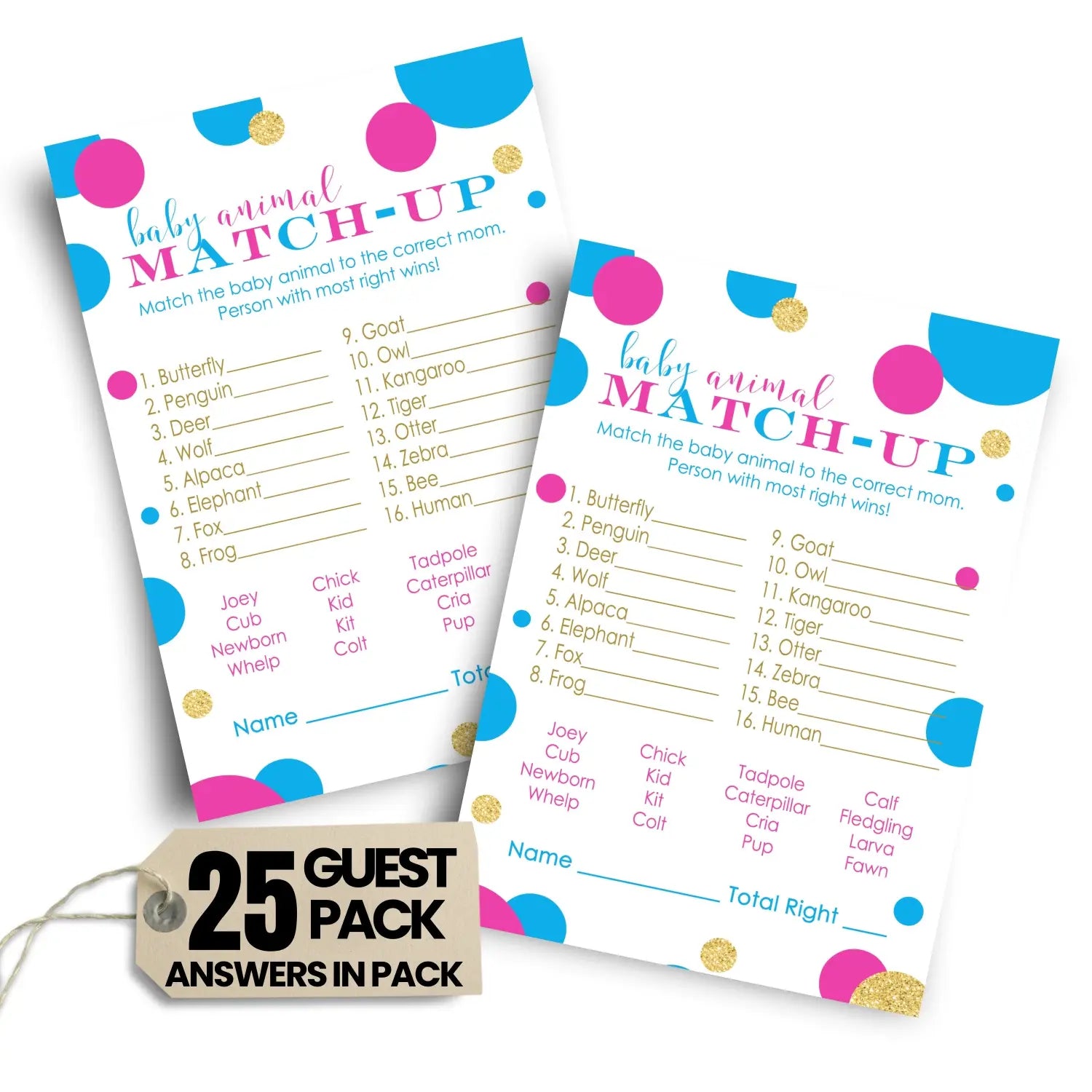 Gender reveal animal matching game cards (25 pack) - party games