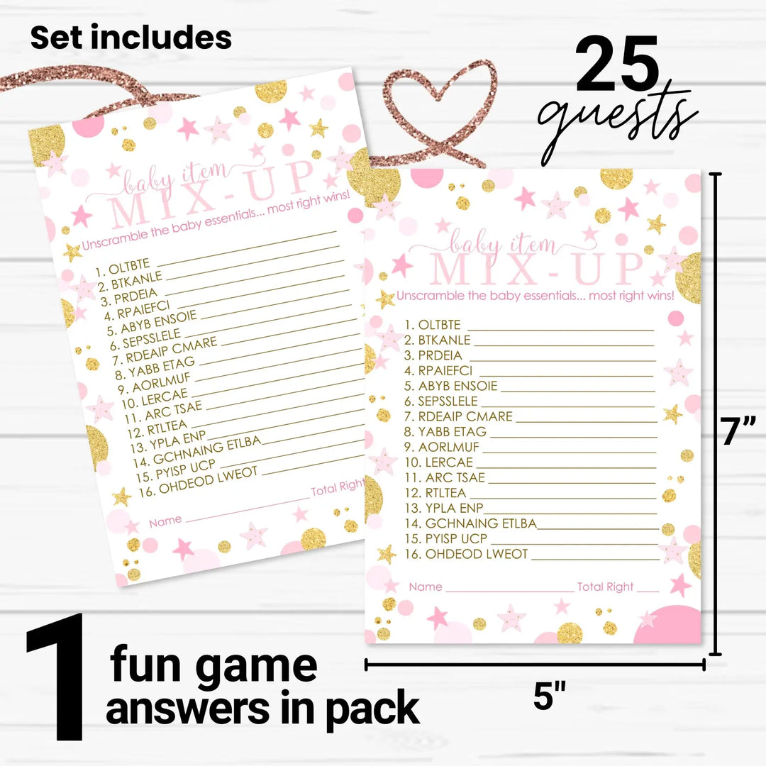 Twinkle Little Star Girl Baby Shower Games - Word Scramble Activities for Guests, Pink and Gold Celestial Decorations, 25 Cards