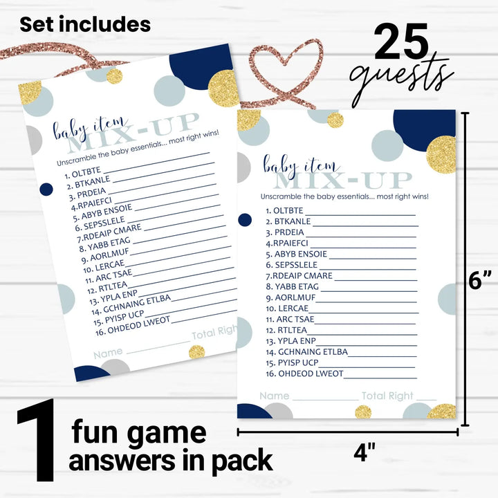 Navy & Gold Baby Shower Games Boy - Word Scramble Cards, Fun Gender Reveal Ideas, Royal Prince Themes, 25 Pack