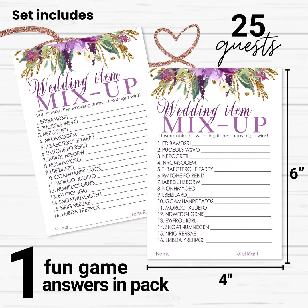 Paper Clever Party Purple Floral Bridal Shower Games - 25 Cards - Wedding Word Scramble Game Fun Guess Activity for Guests Engagement Party, Rehearsal Dinner, Rustic