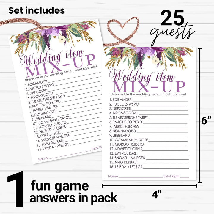 Paper Clever Party Purple Floral Bridal Shower Games - 25 Cards - Wedding Word Scramble Game Fun Guess Activity for Guests Engagement Party, Rehearsal Dinner, Rustic