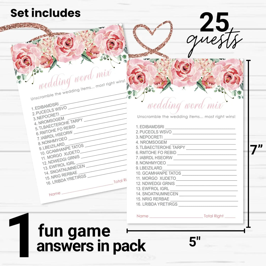 Charming Floral Floral Bridal Shower Games - 25 Cards - Wedding Word Scramble Game Fun Guess Activity for Guests Engagement Party, Rehearsal Dinner, Pink Greenery Design