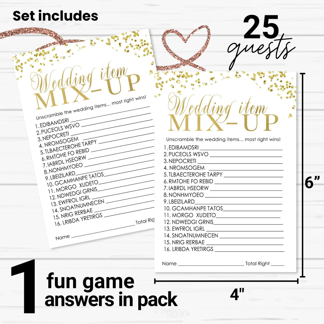 Black and Gold Bridal Shower Games - 25 Cards - Wedding Word Scramble Game Fun Guess Activity for Guests Engagement Party, Rehearsal Dinner, Modern Design Abstract