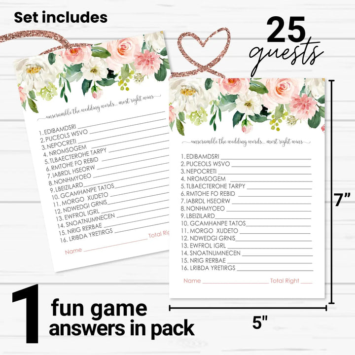 Graceful Floral Bridal Shower Games - 25 Cards - Wedding Word Scramble Game Fun Guess Activity for Guests Engagement Party, Rehearsal Dinner, Pink and Gold Greenery Design