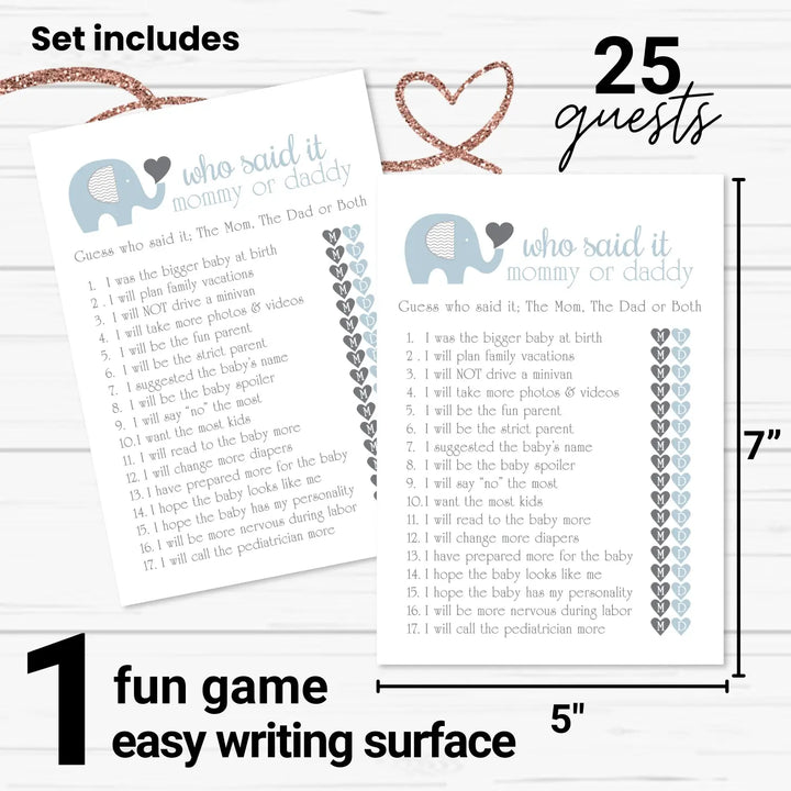 Blue Elephant Baby Shower Games Mommy or Daddy - 25 Pack Fun Guess Who Activity Cards for Royal Jungle Animals, Printed 5x7 Set