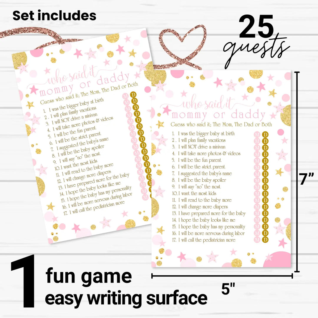 Pink and Gold Baby Shower Game Mommy or Daddy - 25 Pack Guess Who Activity Cards, Twinkle Little Star Princess Themed, Printed 5x7 Set