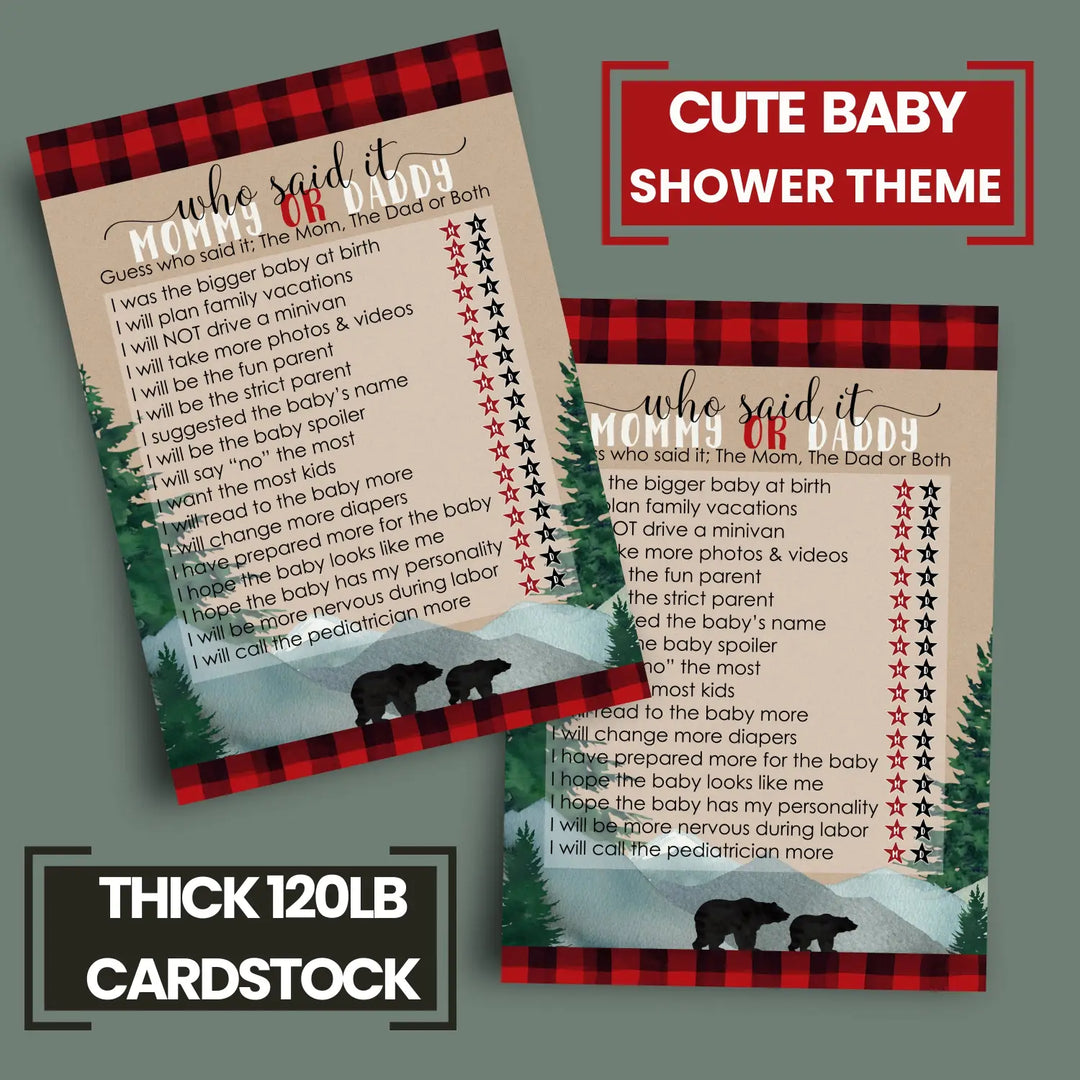 Lumberjack Mommy or Daddy Baby Shower Game - 25 Pack Guess Who Activity Cards, Plaid Red and Black Bear Themed Favors, Printed 5x7 Set