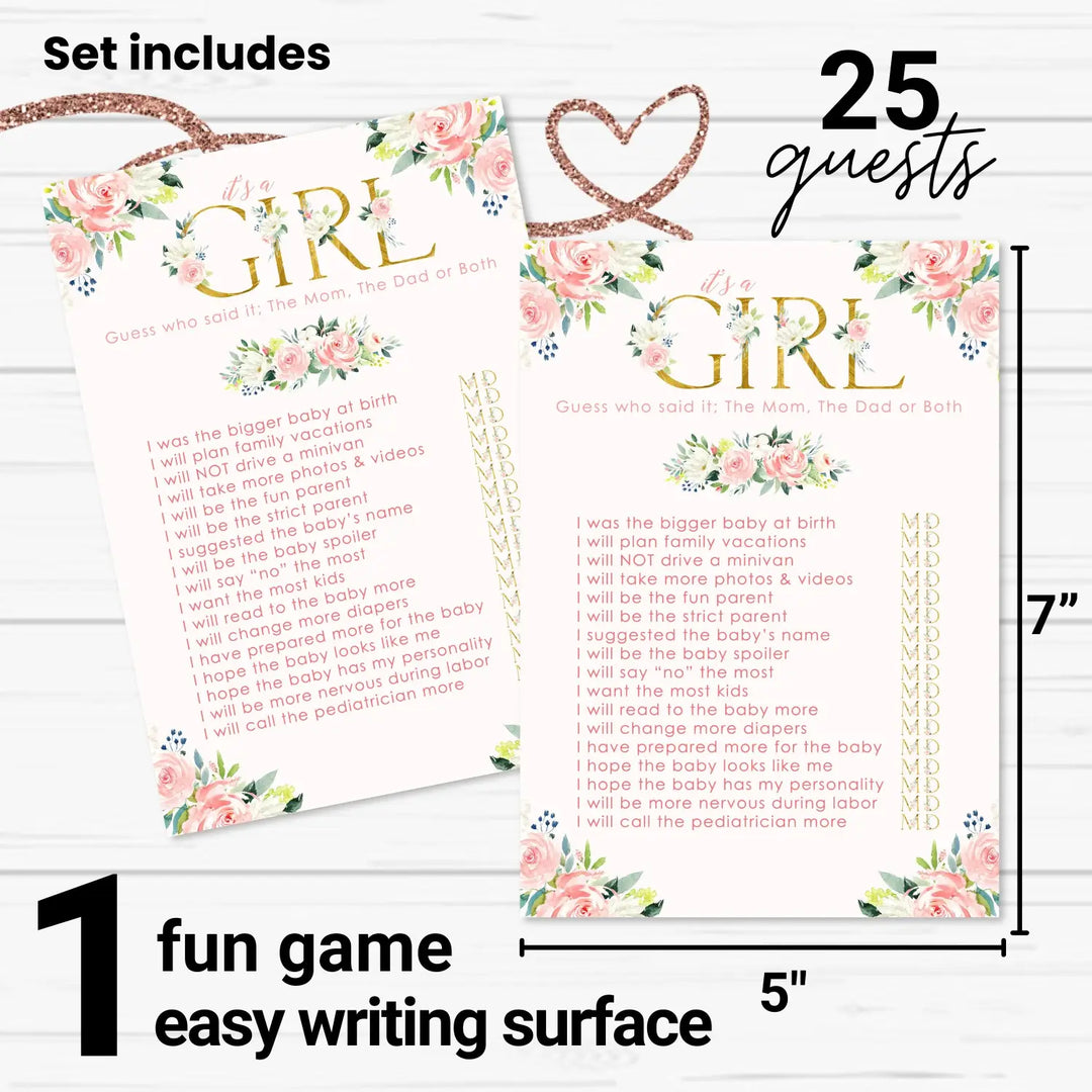 Oh Girl Baby Shower Game Mommy or Daddy - 25 Pack Guess Who Activity Cards, Rustic Floral Themed Pink and Gold, Printed 5x7 Set