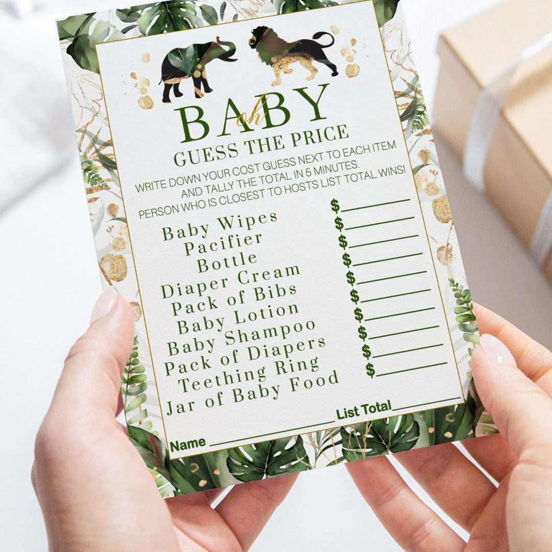 Safari-Themed Guess the Price Baby Shower Game - Tropical Jungle Design, 25 Cards, Greenery & Gold, 5x7 Inches - Paper Clever Party