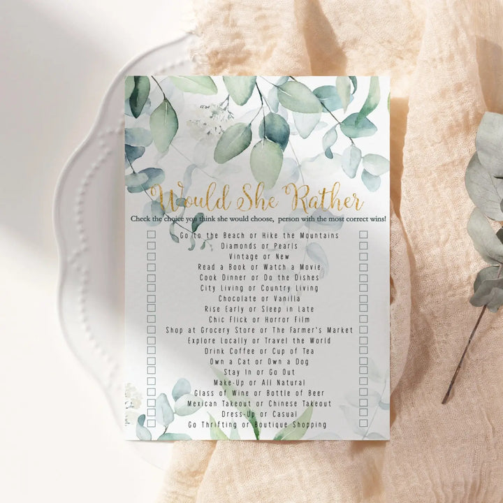 Greenery Bridal Shower Games – 25 Cards - Who Knows Bride Best Bridal Shower Game Would She Rather Wedding Reception or Birthday Girl Activity, Rustic Botanical Designs, 5x7 Pack