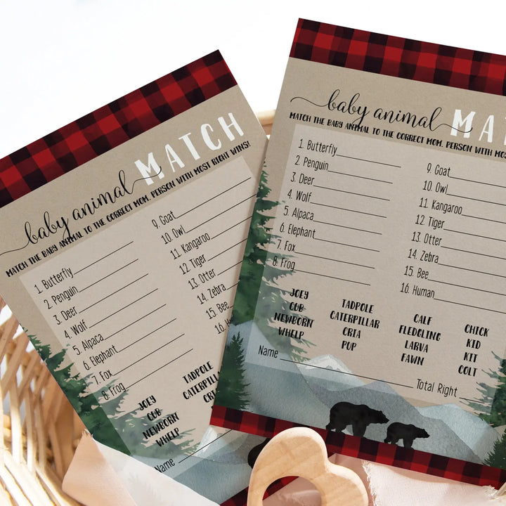 Lumberjack Baby Shower Game Animal Matching for All Occasions Fun Guessing Activities Guests Play, Rustic Bear Red and Black, 5x7, 25 Pack