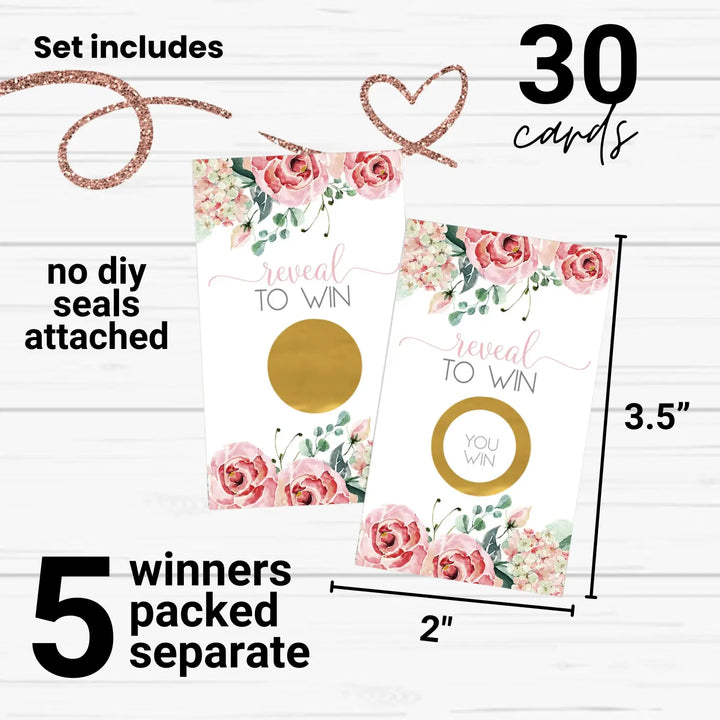 Pink Bridal Shower Games - 30 Pack - Scratch Off Raffle Cards Fun Ideas for Wedding Activities, Lottery Tickets or Door Prizes, Charming Botanical Floral Themes