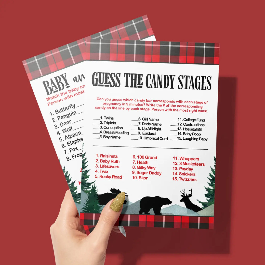 Lumberjack Baby Shower Game Set, Animal Matching and Candy Bar Guessing, Rustic Red & Black