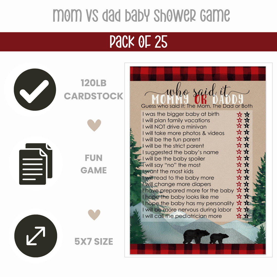 Lumberjack Mommy or Daddy Baby Shower Game 25 Guest Pack - Paper Clever Party