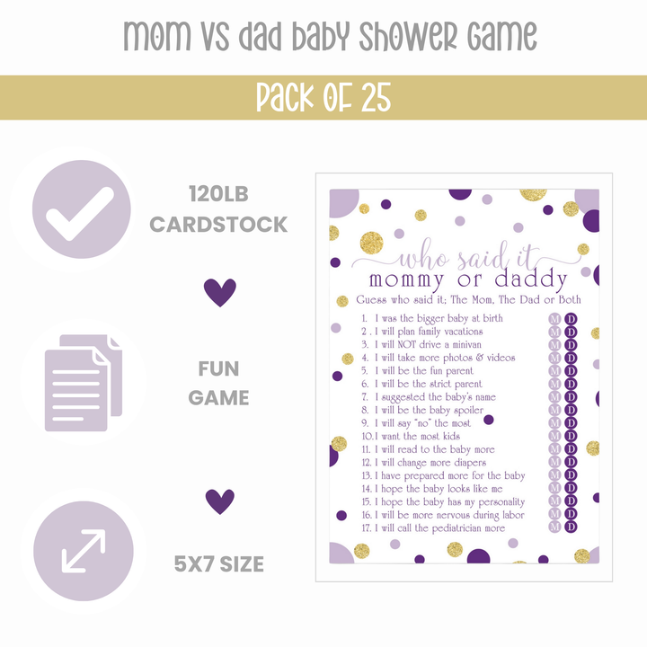 Purple and Gold Baby Shower Game 25 Guest Pack - Paper Clever Party