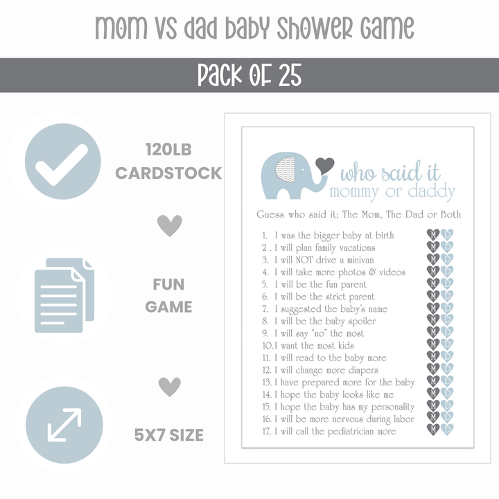 Blue Elephant Baby Shower Game 25 Guest Pack - Paper Clever Party