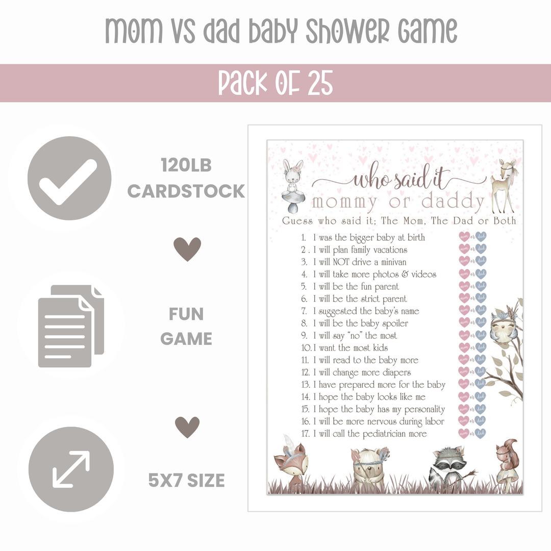 Girls Woodland Mommy or Daddy Baby Shower Game 25 Guest Pack - Paper Clever Party