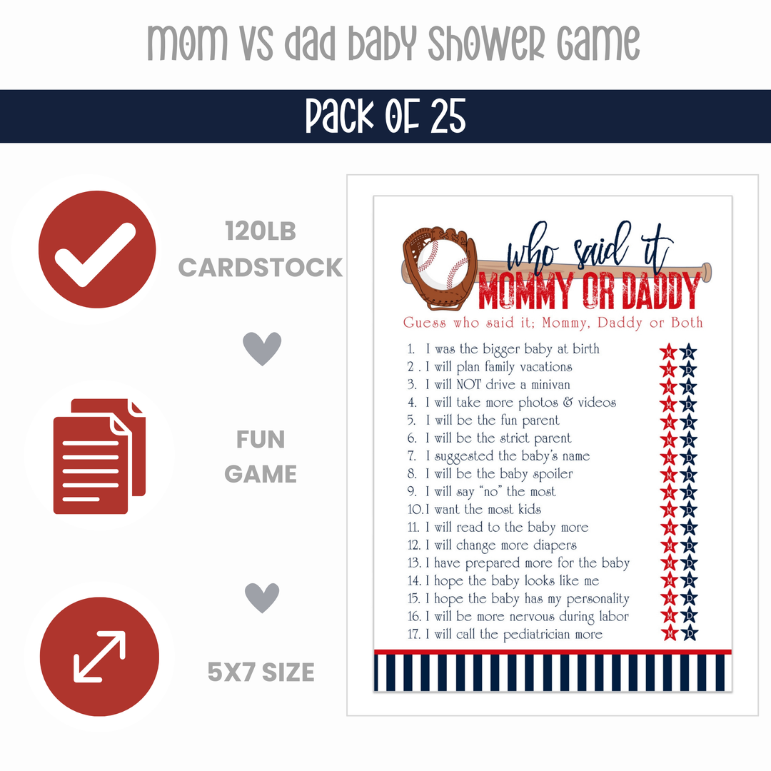 Baseball Mommy or Daddy Baby Shower Game - Paper Clever Party