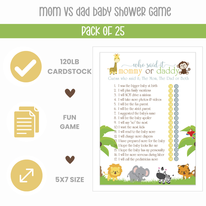 Cute Jungle Baby Shower Mommy or Daddy Game - Paper Clever Party