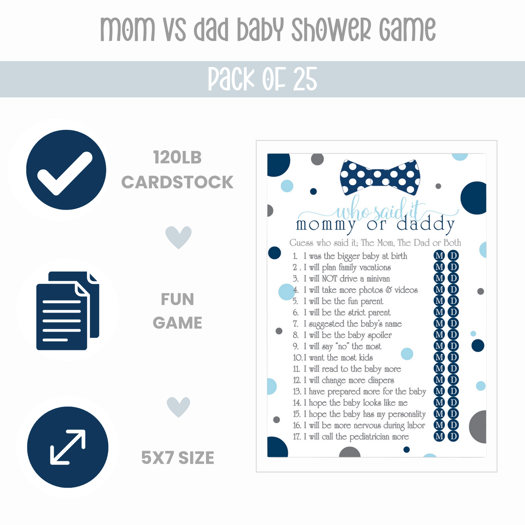 Bow Tie Mommy or Daddy Baby Shower Game 25 Guest Pack - Paper Clever Party