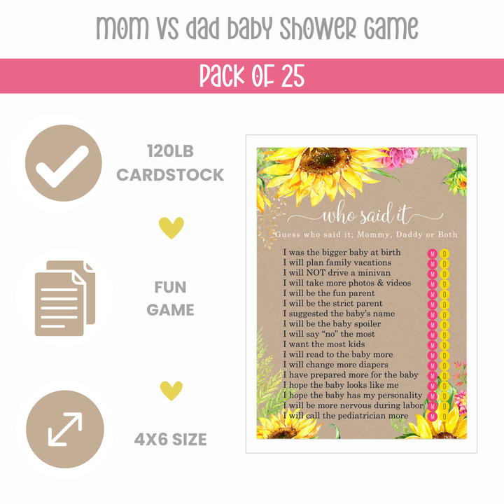 Sunflower Mommy or Daddy Baby Shower Game 25 Guest Pack - Paper Clever Party