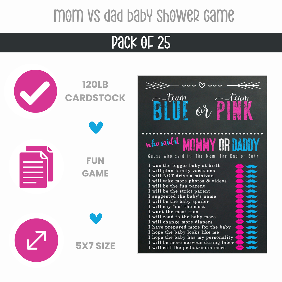 Gender Reveal Mommy or Daddy Game 25 Guest Pack - Paper Clever Party